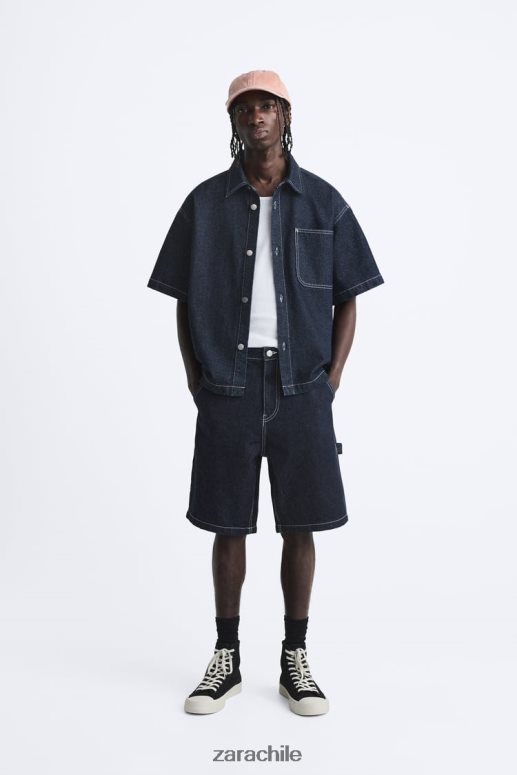 ropa cl Zara hombres pantalones cortos con bolsillo de carpintero azul JJ06N41245