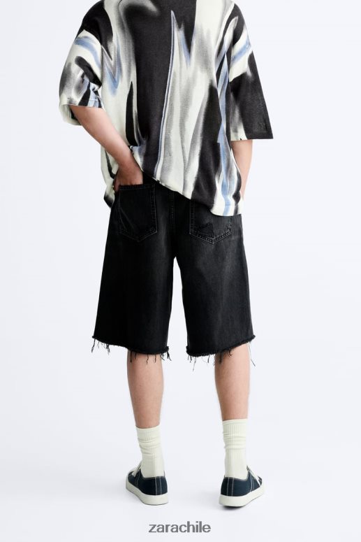 ropa cl Zara hombres pantalones cortos de mezclilla de ajuste relajado negro JJ06N41243