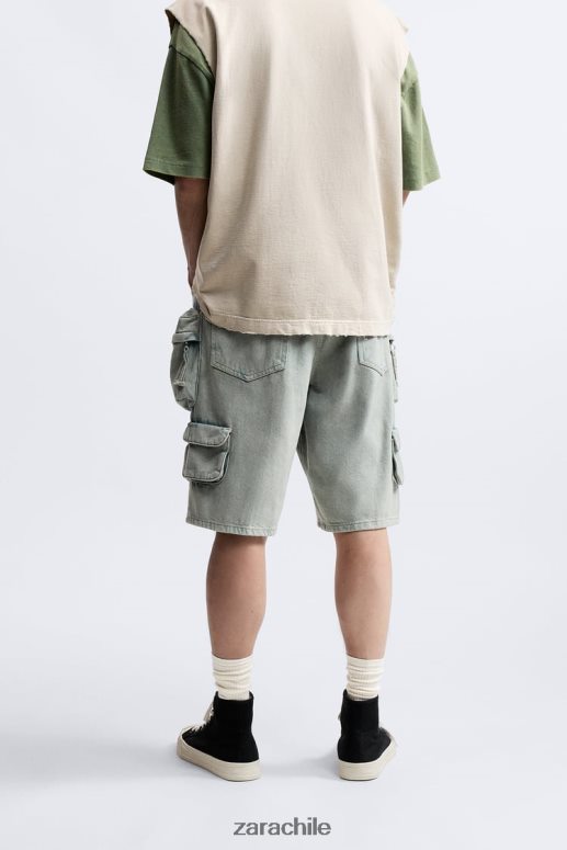 ropa cl Zara hombres pantalones cortos utilitarios de mezclilla azul verde JJ06N41247