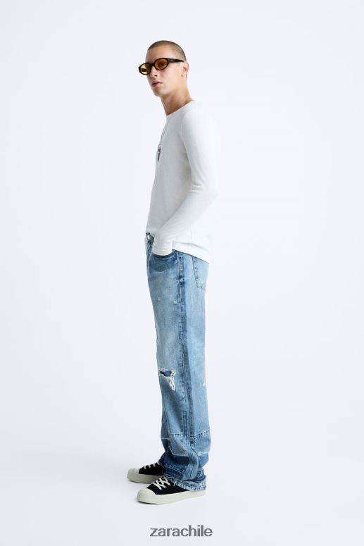 ropa cl Zara hombres jeans rotos relajados azul medio JJ06N41092