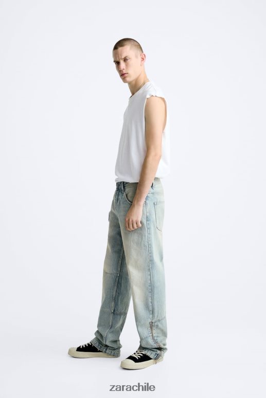 ropa cl Zara hombres vaqueros vintage con cremallera azul claro JJ06N41086