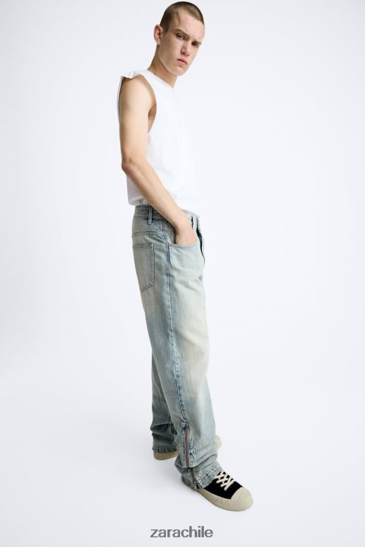 ropa cl Zara hombres vaqueros vintage con cremallera azul claro JJ06N41086