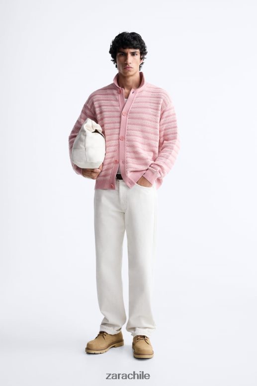 ropa cl Zara hombres cárdigan de algodón texturizado rosa JJ06N41039