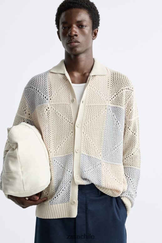 ropa cl Zara hombres cárdigan de crochet texturizado piedra JJ06N41043