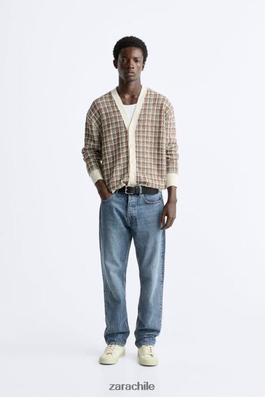 ropa cl Zara hombres cárdigan de jacquard a cuadros crudo JJ06N41044