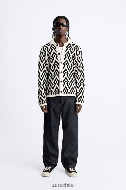 ropa cl Zara hombres cárdigan de punto en jacquard geométrico crudo JJ06N41046