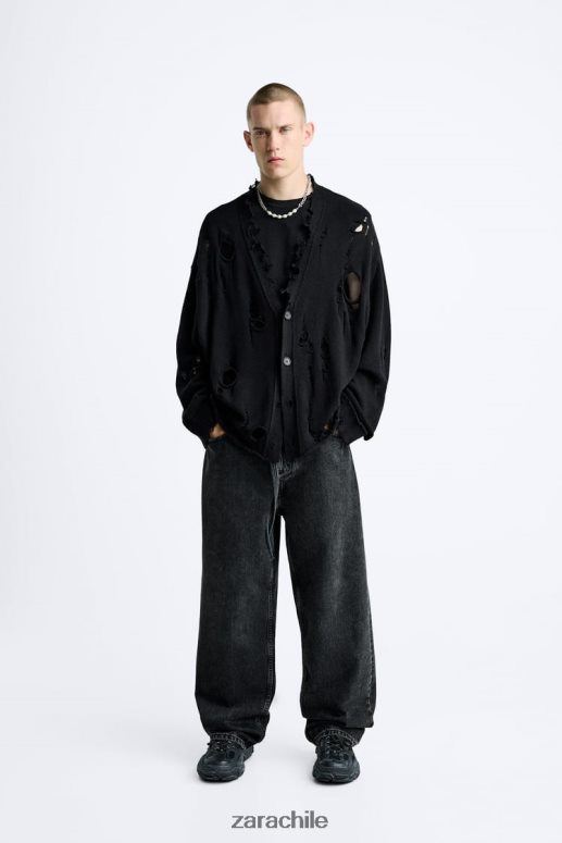 ropa cl Zara hombres cárdigan estructurado con desgarros negro JJ06N41030