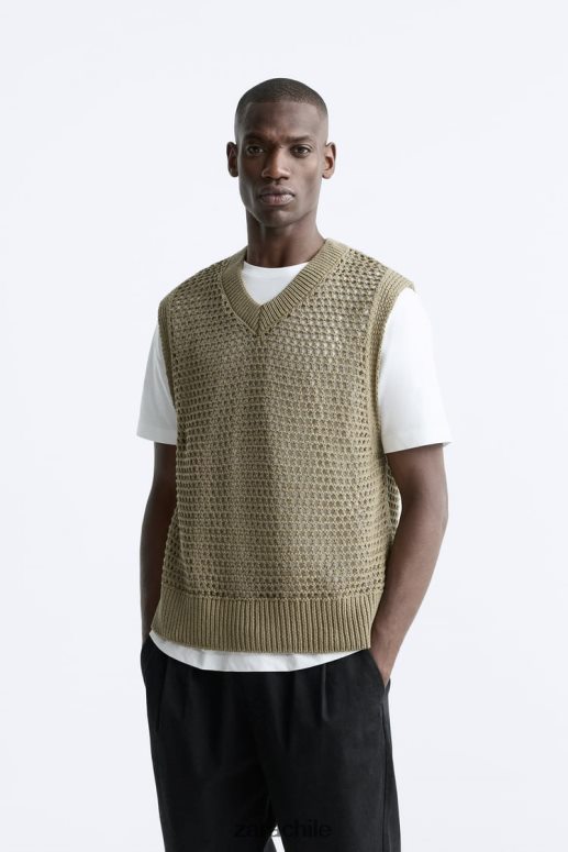 ropa cl Zara hombres chaleco tejido a crochet marrón/topo JJ06N41033