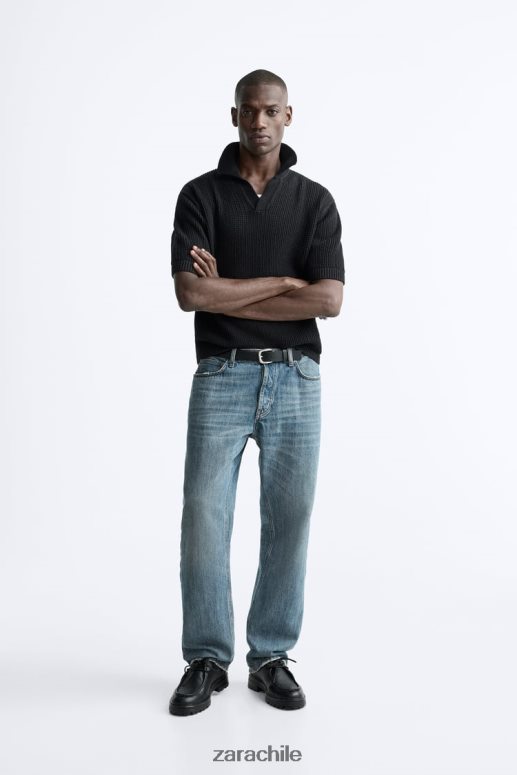 ropa cl Zara hombres polo tejido a crochet negro JJ06N41025
