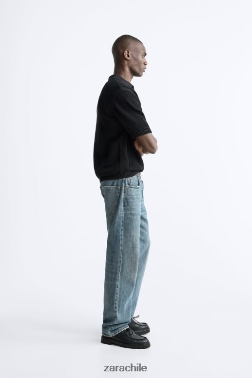 ropa cl Zara hombres polo tejido a crochet negro JJ06N41025