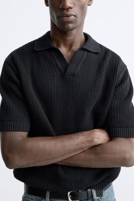 ropa cl Zara hombres polo tejido a crochet negro JJ06N41025