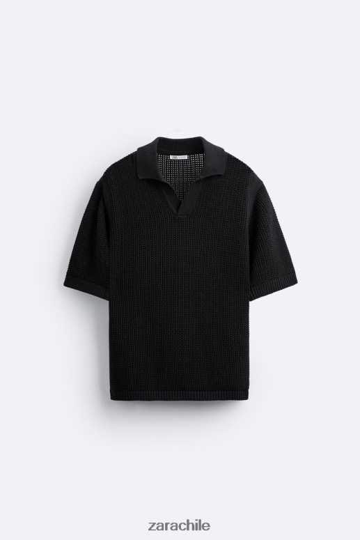 ropa cl Zara hombres polo tejido a crochet negro JJ06N41025