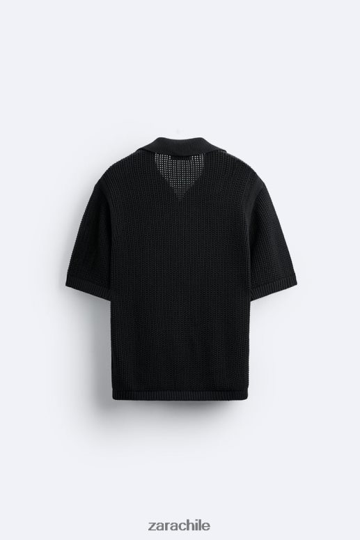 ropa cl Zara hombres polo tejido a crochet negro JJ06N41025