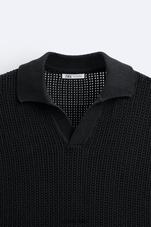ropa cl Zara hombres polo tejido a crochet negro JJ06N41025