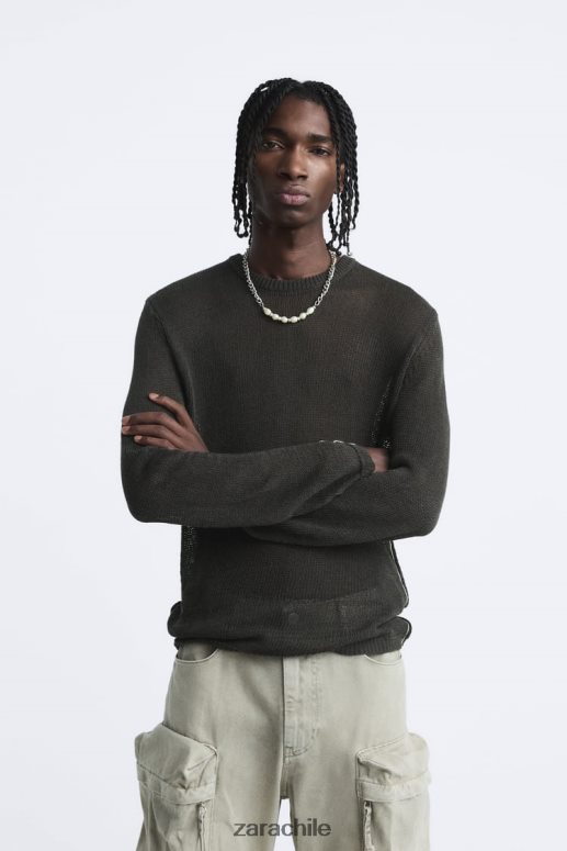 ropa cl Zara hombres suéter con textura abierta caqui oscuro JJ06N41037