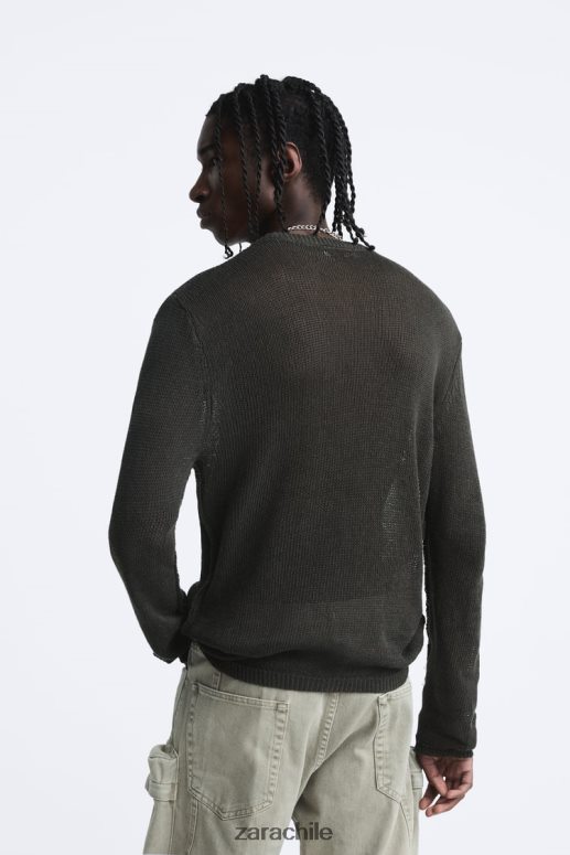 ropa cl Zara hombres suéter con textura abierta caqui oscuro JJ06N41037