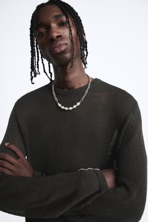 ropa cl Zara hombres suéter con textura abierta caqui oscuro JJ06N41037