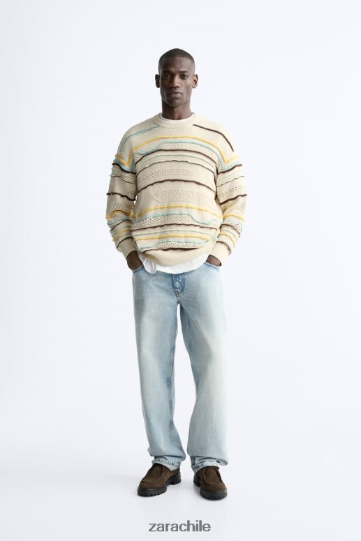 ropa cl Zara hombres suéter texturizado a rayas crudo JJ06N41031