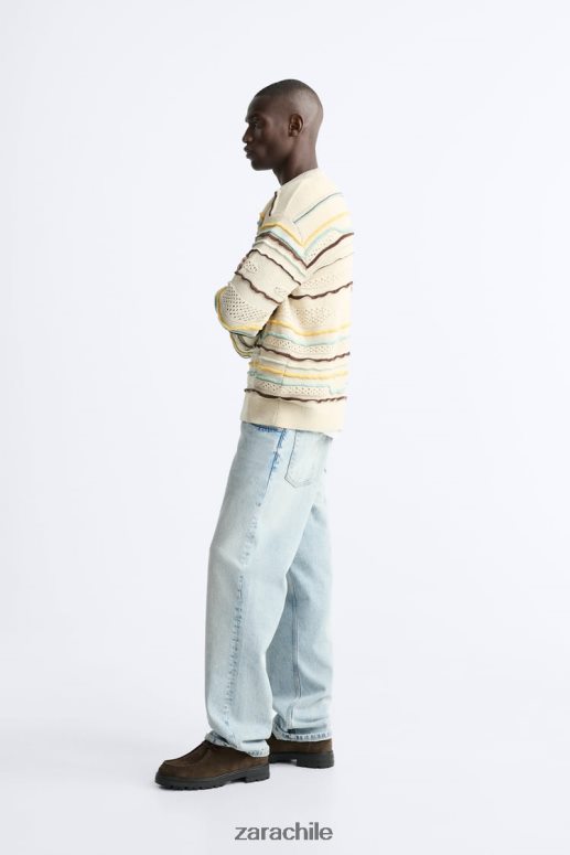 ropa cl Zara hombres suéter texturizado a rayas crudo JJ06N41031