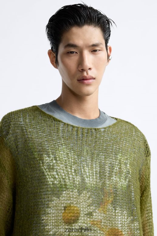 ropa cl Zara hombres suéter texturizado de malla verde JJ06N41035