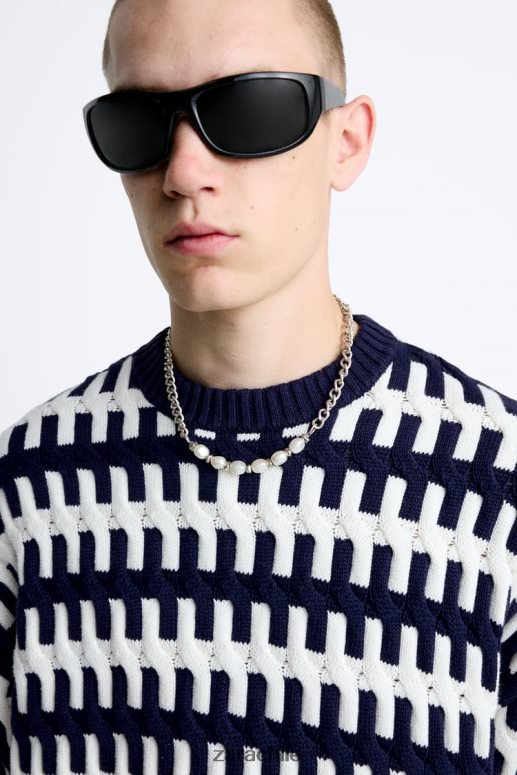 ropa cl Zara hombres suéter texturizado en jacquard Azul marino JJ06N41028