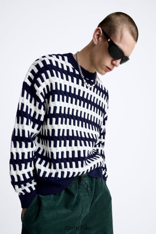 ropa cl Zara hombres suéter texturizado en jacquard Azul marino JJ06N41028