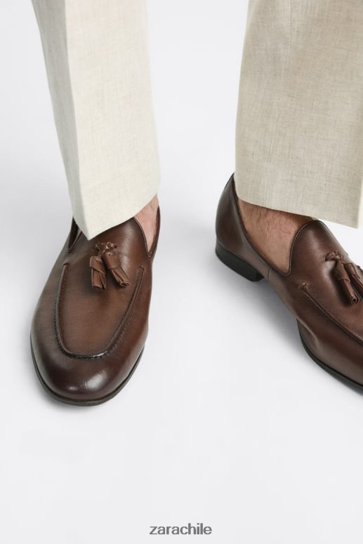 calzado cl Zara hombres mocasines con borlas de cuero suave marrón JJ06N41274