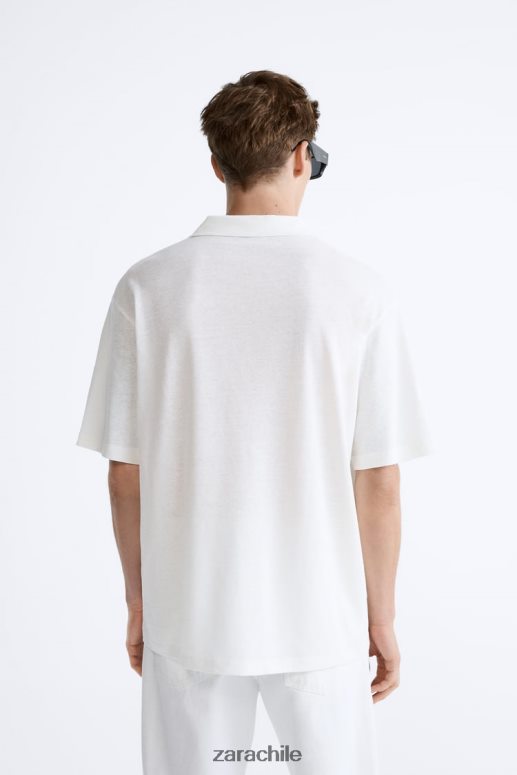 ropa cl Zara hombres polo de mezcla de lino y algodón ostra blanca JJ06N41221