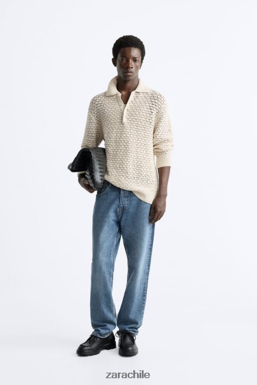 ropa cl Zara hombres polo de punto de crochet texturizado crudo JJ06N41234