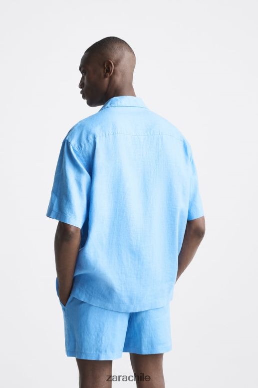 ropa cl Zara hombres camisa 100% lino azulado JJ06N41019