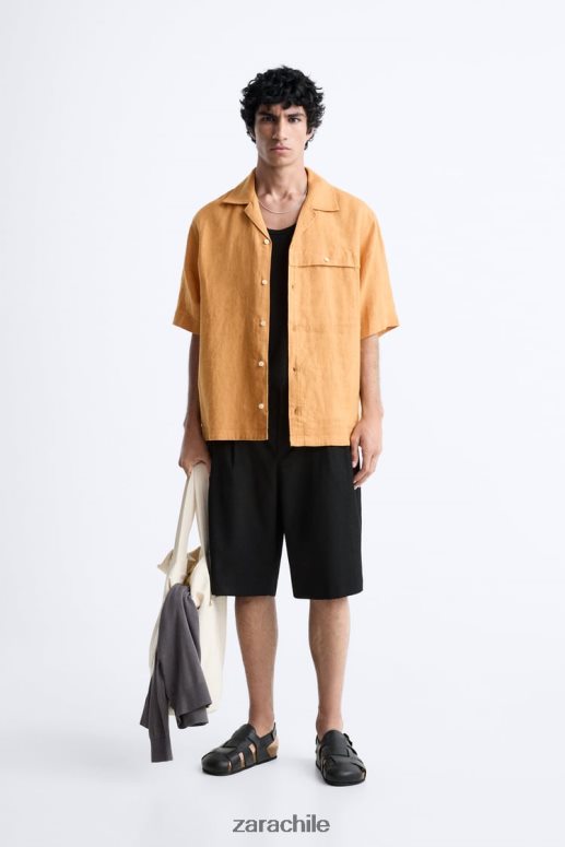 ropa cl Zara hombres camisa 100% lino naranja JJ06N41022