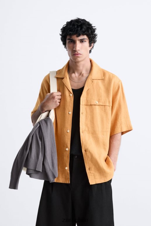 ropa cl Zara hombres camisa 100% lino naranja JJ06N41022