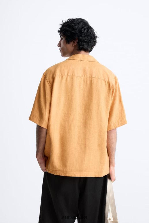 ropa cl Zara hombres camisa 100% lino naranja JJ06N41022