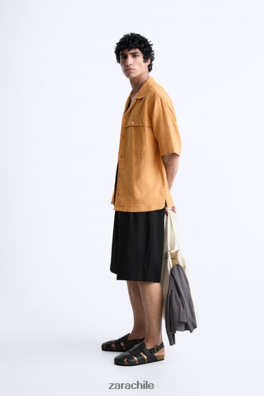 ropa cl Zara hombres camisa 100% lino naranja JJ06N41022