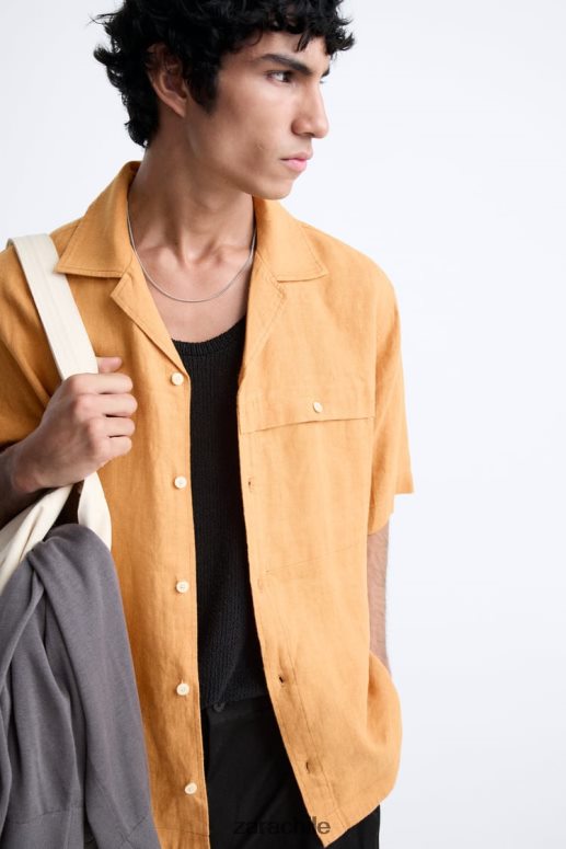 ropa cl Zara hombres camisa 100% lino naranja JJ06N41022