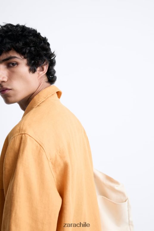 ropa cl Zara hombres camisa 100% lino naranja JJ06N41022