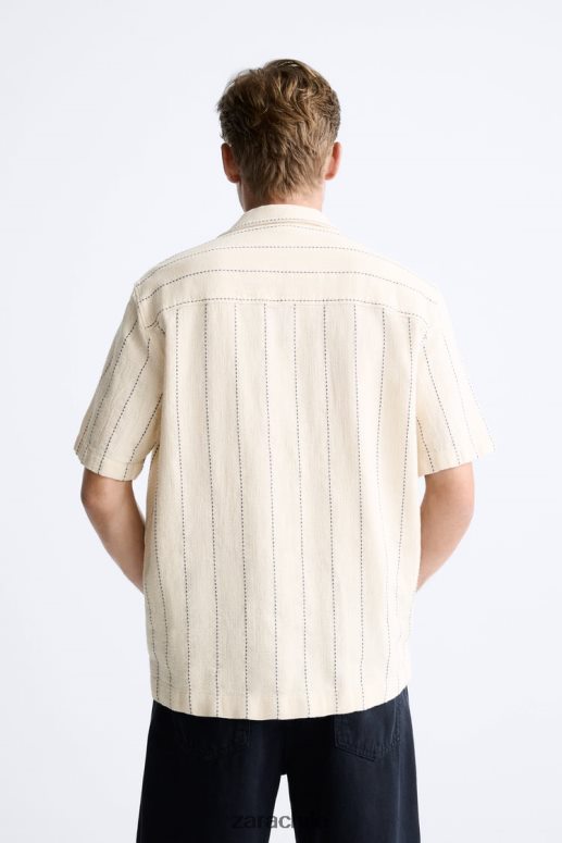 ropa cl Zara hombres camisa a rayas texturizada beige JJ06N4968