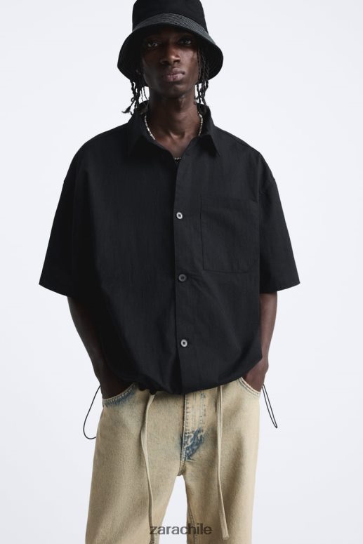 ropa cl Zara hombres camisa con dobladillo ajustable negro JJ06N4988