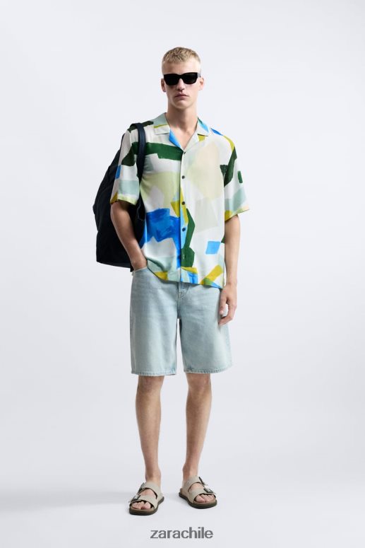 ropa cl Zara hombres camisa con estampado abstracto azul JJ06N41004