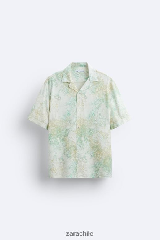 ropa cl Zara hombres camisa con estampado abstracto verdoso JJ06N4973