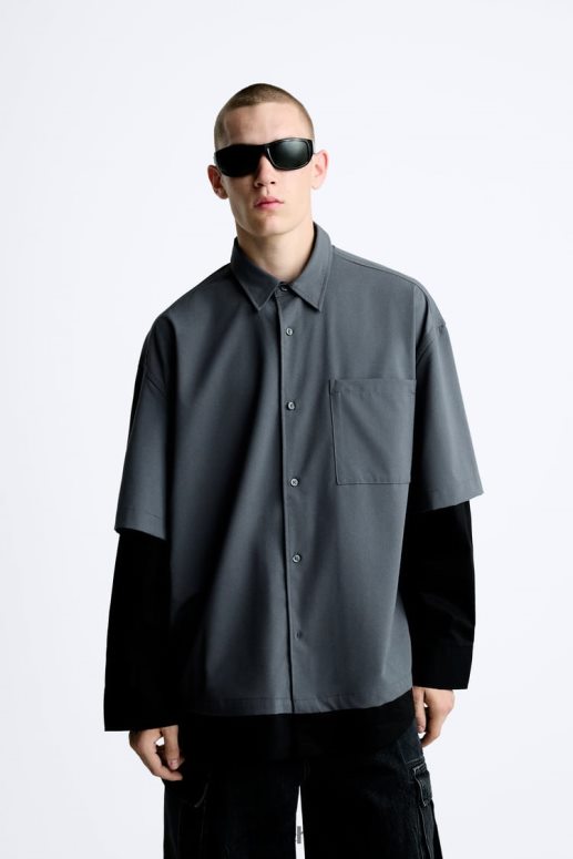 ropa cl Zara hombres camisa con mangas a capas gris antracita JJ06N4974