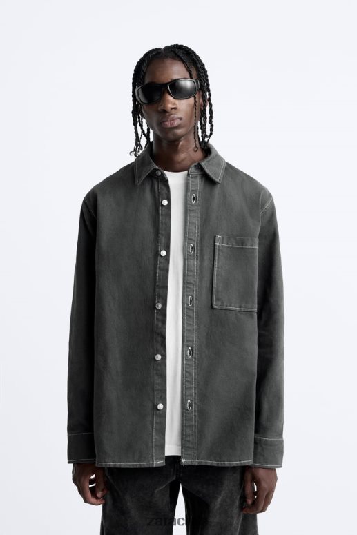 ropa cl Zara hombres camisa con pespuntes en contraste gris oscuro JJ06N4976