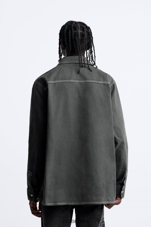 ropa cl Zara hombres camisa con pespuntes en contraste gris oscuro JJ06N4976