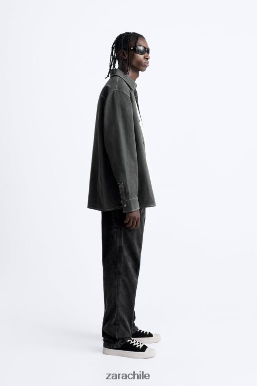 ropa cl Zara hombres camisa con pespuntes en contraste gris oscuro JJ06N4976