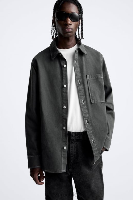 ropa cl Zara hombres camisa con pespuntes en contraste gris oscuro JJ06N4976