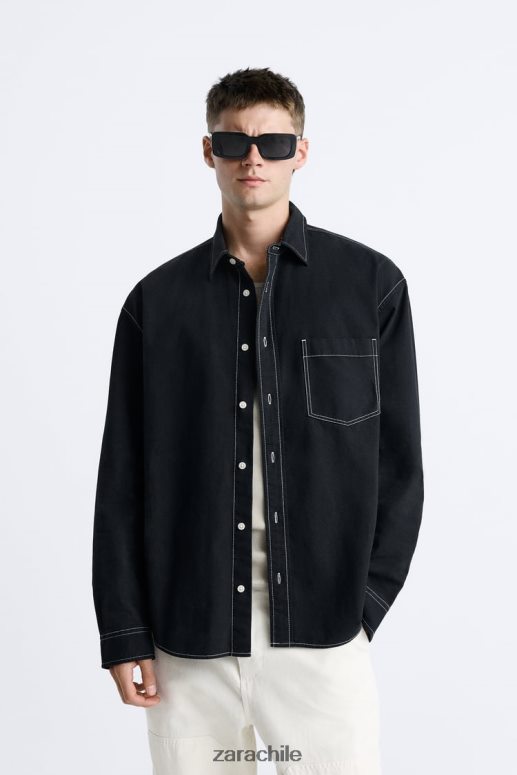 ropa cl Zara hombres camisa con pespuntes en contraste negro JJ06N4977