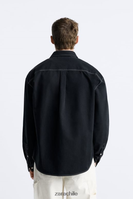 ropa cl Zara hombres camisa con pespuntes en contraste negro JJ06N4977