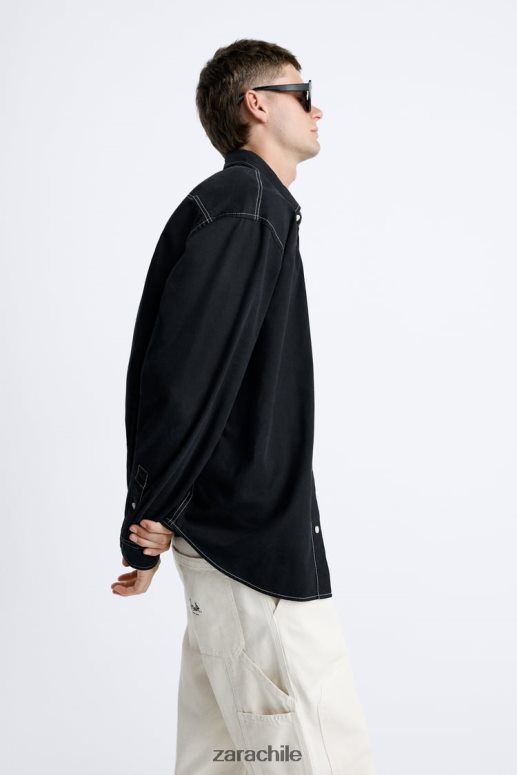 ropa cl Zara hombres camisa con pespuntes en contraste negro JJ06N4977