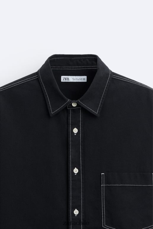 ropa cl Zara hombres camisa con pespuntes en contraste negro JJ06N4977