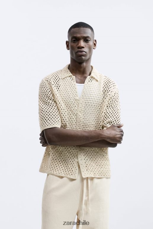 ropa cl Zara hombres camisa con textura de crochet blanco JJ06N41010